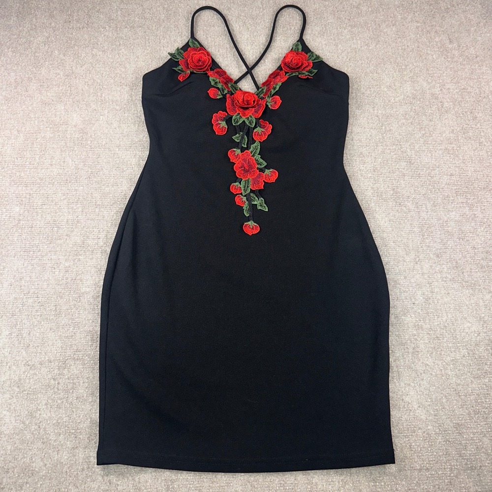 Windsor Black Y2K Cocktail Bodycon Mini Dress Red Rose Floral Embroidery